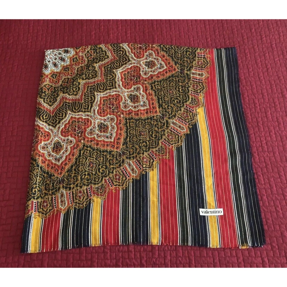 VINTAGE Valentino Paisley & Stripes Silk & Wool Scarf, Multi-Color, Sz 52”x52”